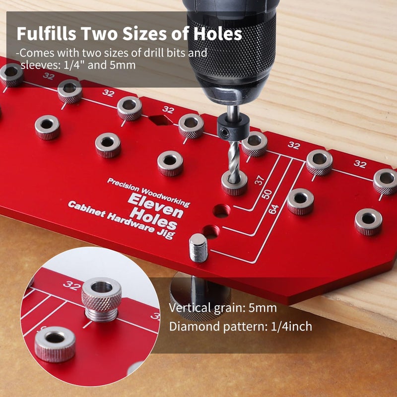 RUITOOL Shelf Pin Jig 11 Holes, Self-contained Clamping Function All Metal Shelf Pin Drilling Jig with 1/4" and 5mm Drill Bit, Shelf Hole Jig and Cabinet Hardware Jig Tool Drill Guide with Storage Bag - Image 5
